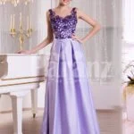 Women’s rich satin evening gown with long skirt and stylish satin-sheer bodice