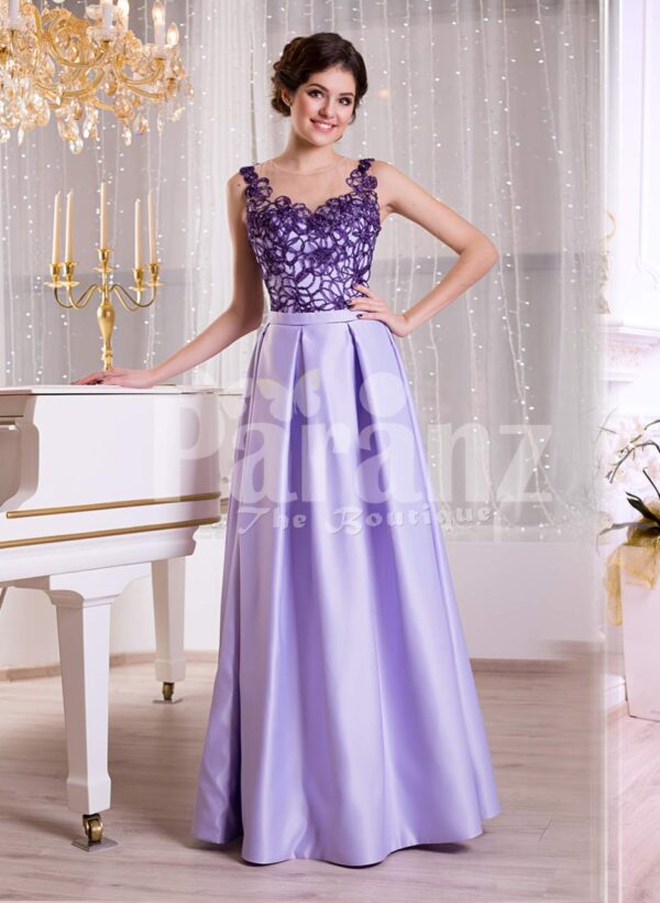 Women’s rich satin evening gown with long skirt and stylish satin-sheer bodice
