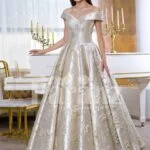 Women’s rich satin flared and floor length silver satin gown with all over floral appliqués