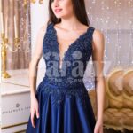 Women’s rich satin long evening gown with glitz royal sleeveless bodice in navy