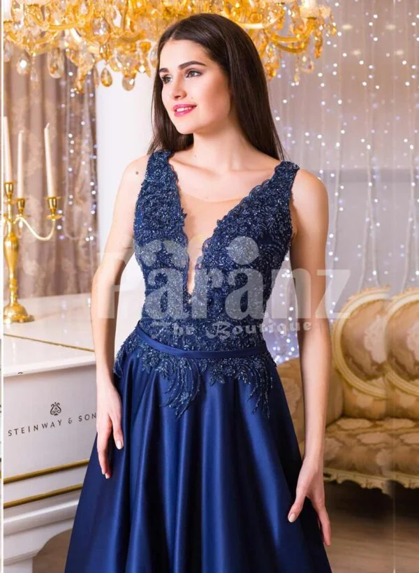 Women’s rich satin long evening gown with glitz royal sleeveless bodice in navy