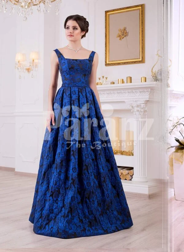 Women’s rich satin self flower printed floor length sleeveless satin gown