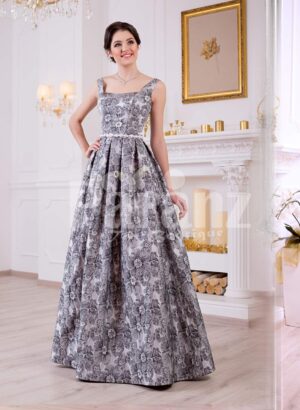 Women’s rich satin self grey floral printed floor length glam evening party gown