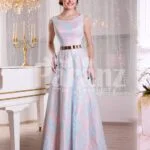 Women’s rich satin self-printed floor length evening gown with golden waist belt