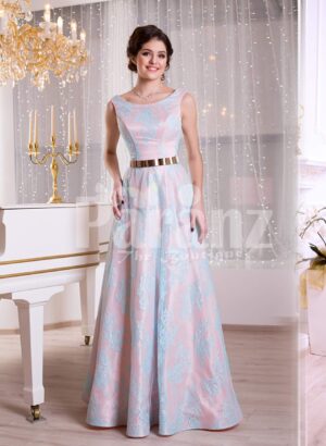 Women’s rich satin self-printed floor length evening gown with golden waist belt