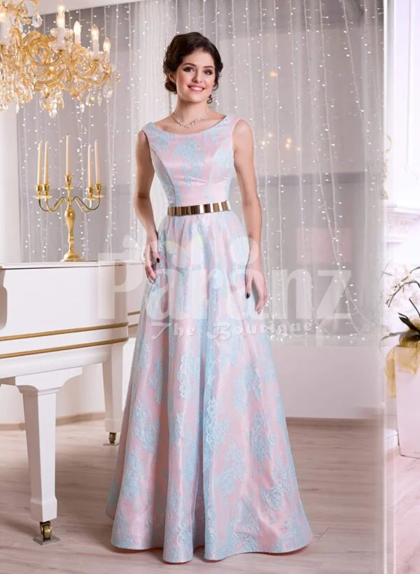 Women’s rich satin self-printed floor length evening gown with golden waist belt