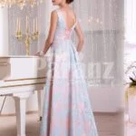 Women’s rich satin self-printed floor length evening gown with golden waist belt side view