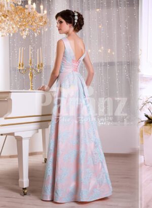 Women’s rich satin self-printed floor length evening gown with golden waist belt side view