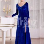 Women’s rich velvet side slit full sleeve floor length gown in royal blue