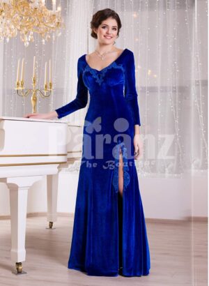 Women’s rich velvet side slit full sleeve floor length gown in royal blue