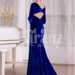 Women’s rich velvet side slit full sleeve floor length gown in royal blue side view