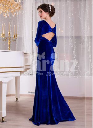 Women’s rich velvet side slit full sleeve floor length gown in royal blue side view
