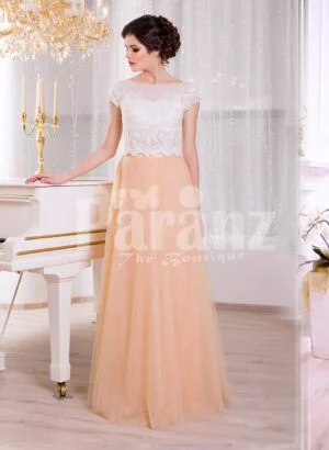 Women’s rich white rhinestone work bodice elegant evening gown with peach tulle skirt