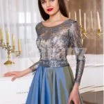 Women’s rosette appliquéd sheer bodice evening gown with rich and smooth satin skirt