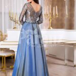 Women’s rosette appliquéd sheer bodice evening gown with rich and smooth satin skirt back side view