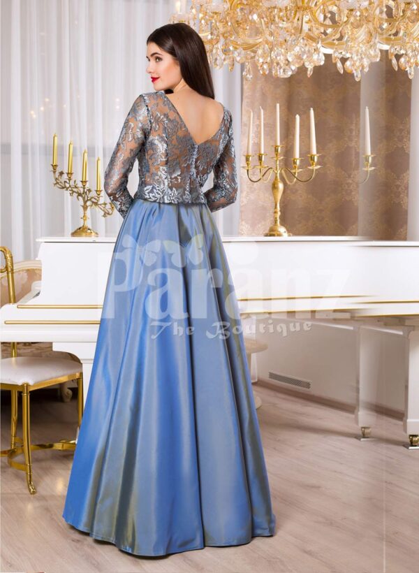 Women’s rosette appliquéd sheer bodice evening gown with rich and smooth satin skirt back side view