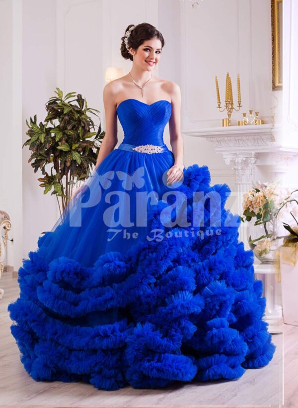 Women’s royal blue evening gown with high volume tulle skirt with ruffle cloud hem