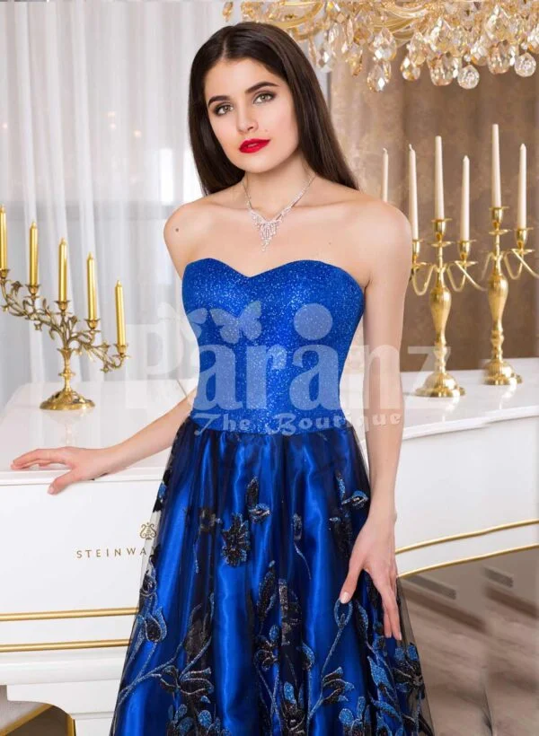 Women’s royal blue off-shoulder evening gown with floral appliquéd long skirt