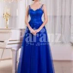 Women’s royal blue sleeveless evening gown with medium volume flared tulle skirt