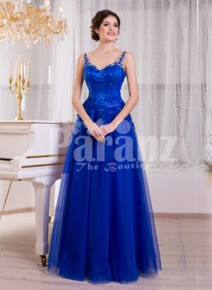 Women’s royal blue sleeveless evening gown with medium volume flared tulle skirt
