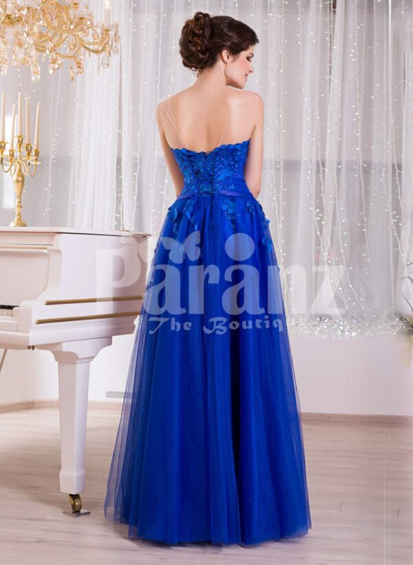 Women’s royal blue sleeveless evening gown with medium volume flared tulle skirt BACK SIDE VIEW