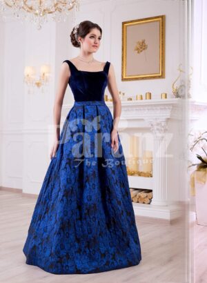 Women’s royal blue velvet bodice glam evening gown with floor length floral print satin skirt