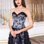 Women’s satin floor length evening gown with off-shoulder bodice and all over bubble print