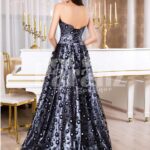 Women’s satin floor length evening gown with off-shoulder bodice and all over bubble print back side view