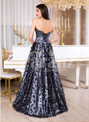 Women’s satin floor length evening gown with off-shoulder bodice and all over bubble print back side view