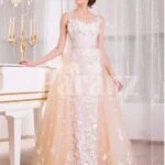 Women’s satin-sheer sleeveless evening gown with flared tulle skirt and all over appliqués