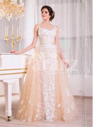 Women’s satin-sheer sleeveless evening gown with flared tulle skirt and all over appliqués