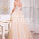 Women’s satin-sheer sleeveless evening gown with flared tulle skirt and all over appliqués back side view