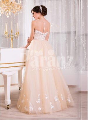 Women’s satin-sheer sleeveless evening gown with flared tulle skirt and all over appliqués back side view