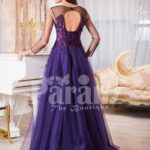Women’s sheer full sleeve evening party gown with floor length tulle skirt back side view
