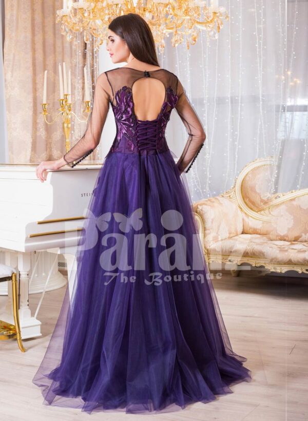 Women’s sheer full sleeve evening party gown with floor length tulle skirt back side view