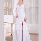 Women’s side slit elegant white satin full sleeve wedding gown