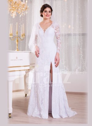 Women’s side slit elegant white satin full sleeve wedding gown
