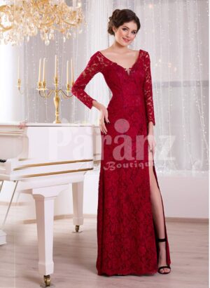 Women’s side slit floor length full sleeve all over lace work red evening gown