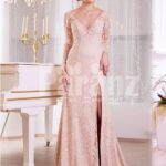 Women’s side slit full sleeve rich soft and smooth peach pink glam evening gown