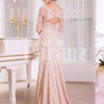 Women’s side slit full sleeve rich soft and smooth peach pink glam evening gown back side view