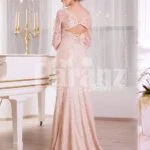 Women’s side slit full sleeve rich soft and smooth peach pink glam evening gown back side view