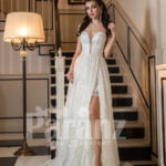 Women’s side slit white glitz wedding tulle gown with royal bodice