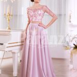 Women’s silk satin long evening gown with mauve skirt and white-pink floral bodice