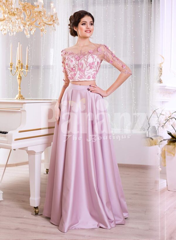 Women’s silk satin long evening gown with mauve skirt and white-pink floral bodice