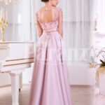 Women’s silk satin long evening gown with mauve skirt and white-pink floral bodice Back side view