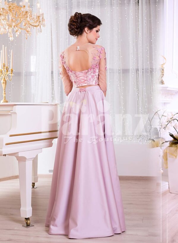 Women’s silk satin long evening gown with mauve skirt and white-pink floral bodice Back side view