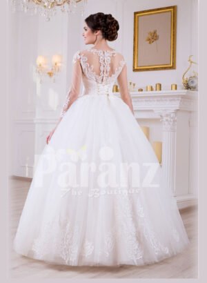 Women’s simple and elegant pearl white floor length tulle skirt wedding gown with lace designs back side view