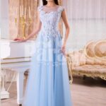 Women’s sky blue floor length evening gown with tulle skirt and floral bodice