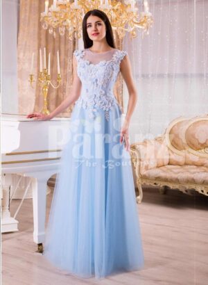 Women’s sky blue floor length evening gown with tulle skirt and floral bodice