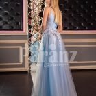 Women’s sleeveless floor length tulle gown with floral appliquéd royal bodice back side view